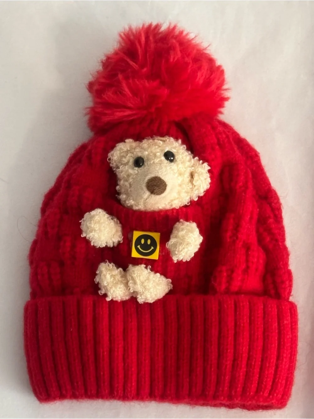 Kids Red Knit Beanie Winter Hat with Teddy Bear and Pom-Pom and Soft Lining